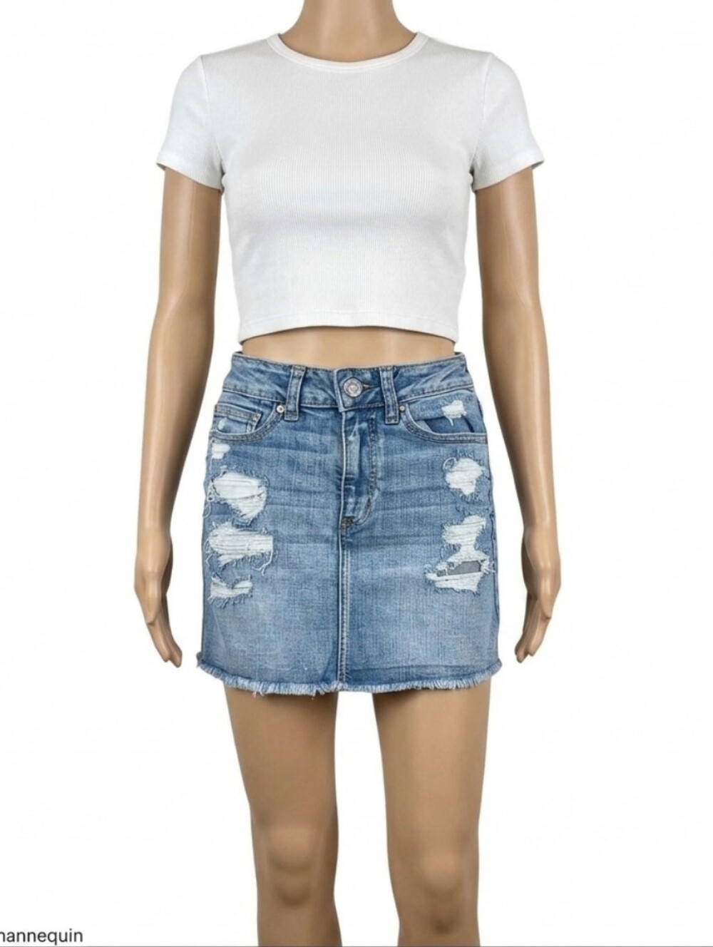 American Eagle Mini Jean Skirt Distressed Worn Denim Frayed Hem Mid Wash Pockets